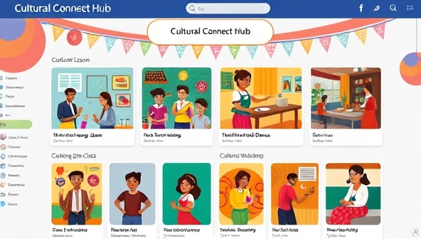 A vibrant digital marketplace interface displaying a variety of cultural exchange experiences, including a virtual language lesson, a cooking class, a traditional dance workshop, and a cultural storytelling session, inviting users to explore diverse cultural connections on Cultural Connect Hub.