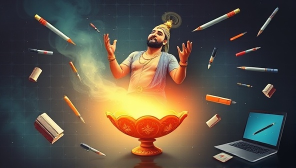 An artistic representation of a mystical genie emerging from a glowing lamp, surrounded by floating writing tools like pens, notebooks, and computer screens, symbolizing creativity and inspiration.