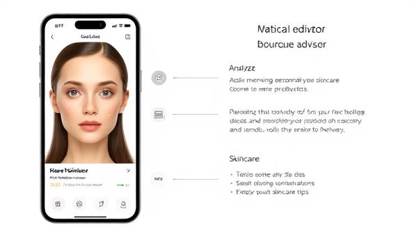 An innovative skincare advisor app interface displaying a virtual beauty assistant analyzing skin data, recommending personalized skincare products, and providing skincare tips, creating a seamless and interactive skincare consultation experience through AI technology.