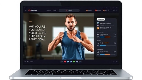 An energetic fitness trainer leading a virtual workout session on a laptop screen, with motivational quotes and progress tracking tools displayed in the background, inspiring users to stay active and connected to their fitness goals.
