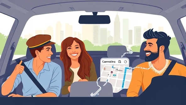 An engaging illustration featuring diverse commuters sharing a ride in a car, smiling and conversing, with a city skyline in the background and a digital map overlay showing their route, emphasizing community, convenience, and sustainability.
