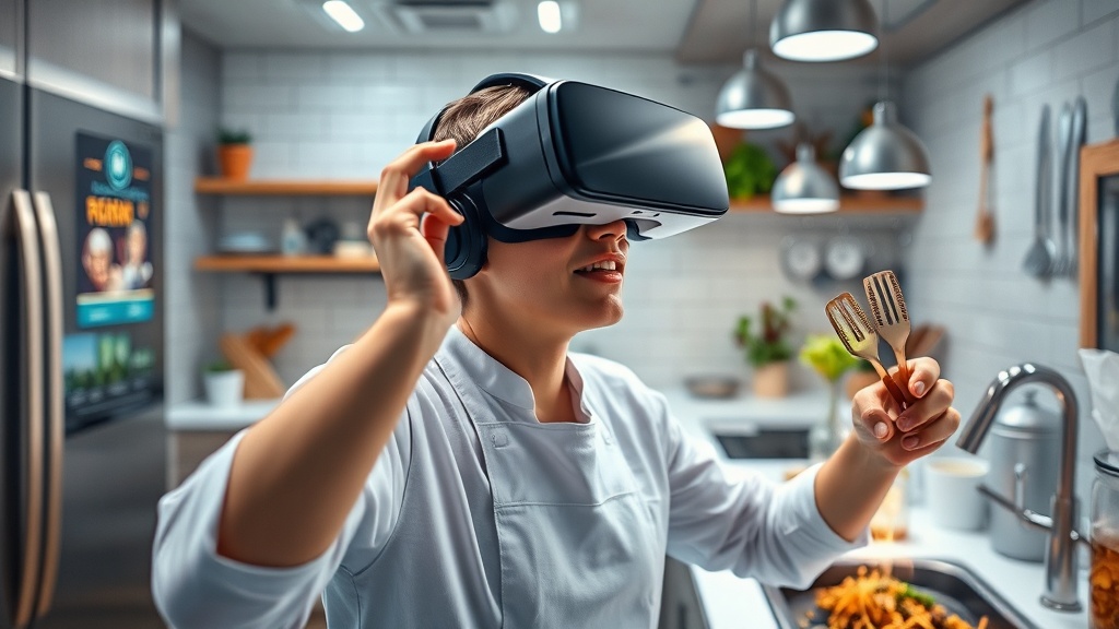 An imaginative image of a user wearing a VR headset immersed in a virtual kitchen environment, interacting with digital ingredients, cooking utensils, and culinary challenges, illustrating the futuristic and interactive nature of culinary virtual reality experiences.