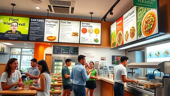 A vibrant and modern fast-food restaurant interior featuring a colorful menu board with plant-based options, smiling customers enjoying their meals, and staff preparing fresh vegan dishes in an open kitchen, creating a welcoming and inclusive atmosphere for all diners.