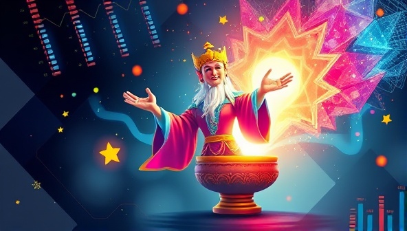 An artistic representation of a design genie emerging from a digital lamp, surrounded by colorful design elements and AI algorithms, symbolizing the magical and personalized touch of AI-powered creations by DesignGenie Studio.