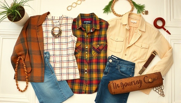 A stylish flat lay featuring a curated selection of thrifted clothing items, accessorized with vintage jewelry and sustainable fashion accessories, arranged on a chic backdrop with plant accents, conveying a message of eco-friendly style and individuality.