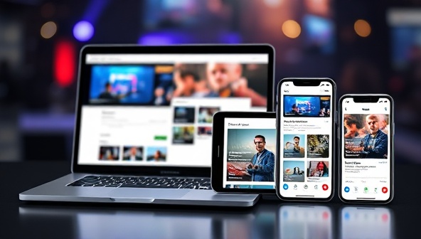 An array of digital devices showcasing a virtual event setup, including a laptop with a live stream, a tablet displaying event schedules, and a smartphone with a virtual event app open, illustrating seamless event management in a digital environment.