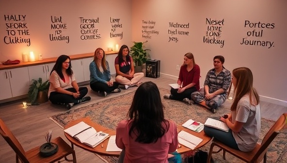 A serene workshop setting with participants sitting in a circle, surrounded by journals, colorful pens, soothing candles, and inspirational quotes on the walls, fostering a calming and introspective environment conducive to mental wellness exploration through journaling.