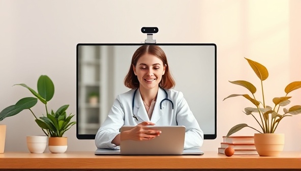 An image of a serene virtual therapy session, showing a therapist engaging with a client via video call, with calming background elements like plants and soft lighting to convey a sense of comfort and support.