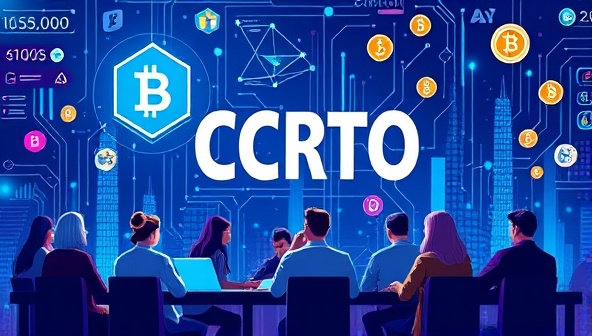 An engaging and futuristic digital design featuring blockchain elements, cryptocurrency symbols, and a diverse group of individuals participating in an online crypto course, creating a dynamic and immersive learning environment.