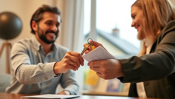 An engaging visual of a rent-to-own contract signing ceremony between a happy tenant and property owner, with keys and documents exchanged, symbolizing a successful pathway to homeownership through the OwnItNow platform.