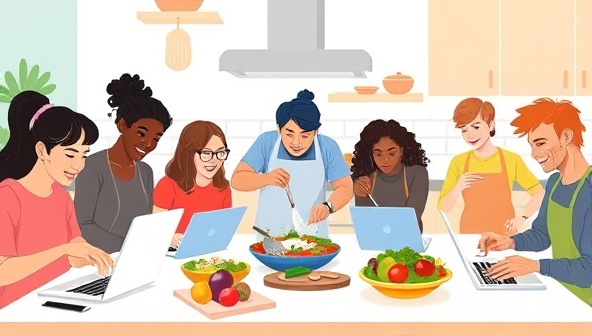 A vibrant digital illustration of a diverse group of people cooking together on laptops, each preparing a different dish in a virtual kitchen setting, conveying a sense of community and culinary exploration.