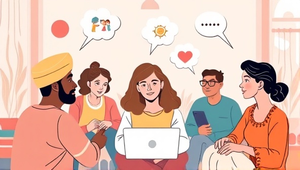 A digital illustration of diverse individuals engaging in a virtual group therapy session, sharing their thoughts and experiences in a supportive online environment, symbolizing the concept of an online mental health support community.