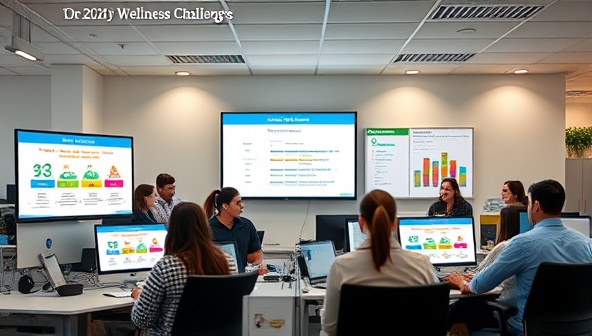 An office setting with employees engaged in a virtual wellness challenge displayed on computer screens, teams competing in step challenges and healthy habit tasks, a leaderboard showing progress and achievements, and a vibrant and energetic atmosphere reflecting the positive impact of WellQuest's gamified workplace wellness programs.