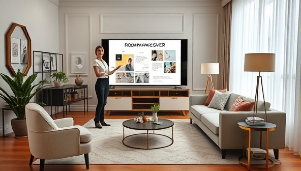 An elegant virtual design studio setup with an interior designer presenting a room makeover concept, mood boards, and décor samples on a digital screen, surrounded by stylish furniture and design elements, creating a sophisticated and inspiring design atmosphere.