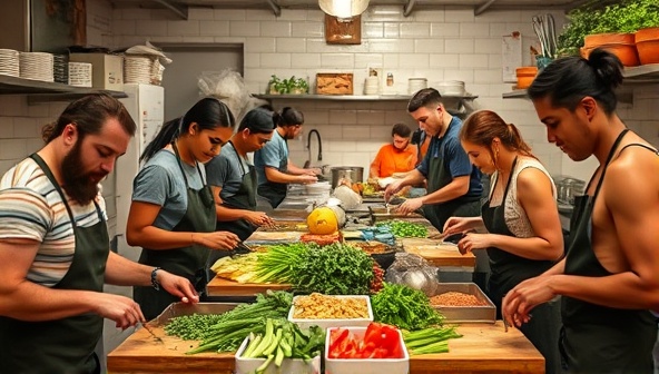 A bustling kitchen scene with diverse individuals cooking together, using fresh produce and sustainable cooking utensils, creating a vibrant and communal atmosphere focused on zero-waste practices.