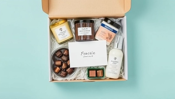 An artistic flat lay of various gift items like candles, chocolates, skincare products, and a personalized note card arranged in a visually appealing gift box, showcasing the elegance and customization of the service.