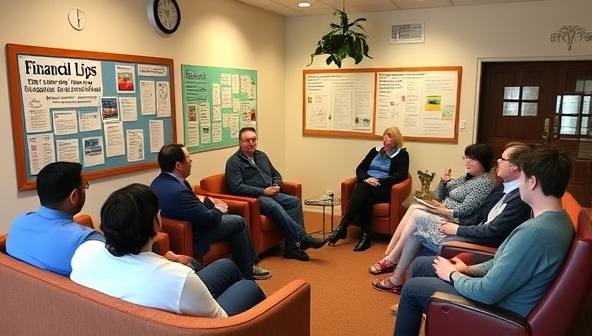 A warm and welcoming community space with cozy seating areas, a bulletin board showcasing financial tips and success stories, and a diverse group of individuals engaged in a lively financial discussion, fostering a sense of camaraderie and mutual support.