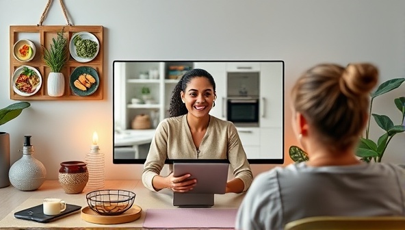 An inspiring image of a wellness coach engaging with a client via video call, surrounded by images of healthy food, workout equipment, and relaxation tools, conveying a holistic approach to well-being.
