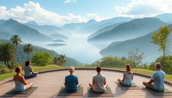 A serene virtual retreat setting with soothing nature backgrounds, calming music, and a diverse group of participants engaging in meditation and mindfulness practices, creating a tranquil and harmonious online environment for inner healing.