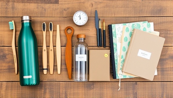 An assortment of eco-friendly travel essentials neatly arranged on a rustic wooden table, including bamboo toothbrushes, refillable water bottles, and recyclable travel journals, creating a visually appealing and sustainable image.