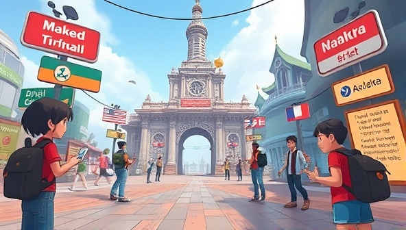 An animated image showcasing a user navigating through a virtual world, translating signs and communicating with characters in different languages, creating an immersive and educational gaming experience.