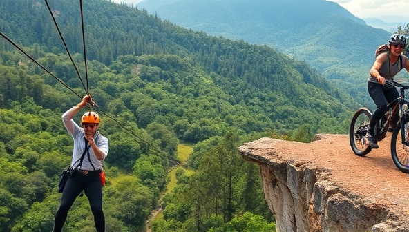 An exhilarating adventure scene with travelers zip-lining through lush forests, bungee jumping from a cliff, and mountain biking down rugged terrains, capturing the thrill and excitement of adventure travel experiences in diverse landscapes.
