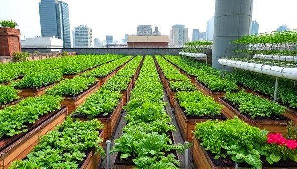 An urban rooftop transformed into a lush green garden with rows of vegetables, herbs, and flowers growing in raised beds and hydroponic systems, showcasing the beauty and productivity of UrbanHarvest Solutions' sustainable farming installations.