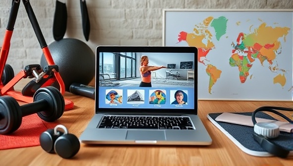An online fitness challenge scene with workout equipment, a laptop displaying a virtual workout class, and a map showcasing different challenge destinations, encouraging participants to stay active and motivated through virtual travel fitness experiences.