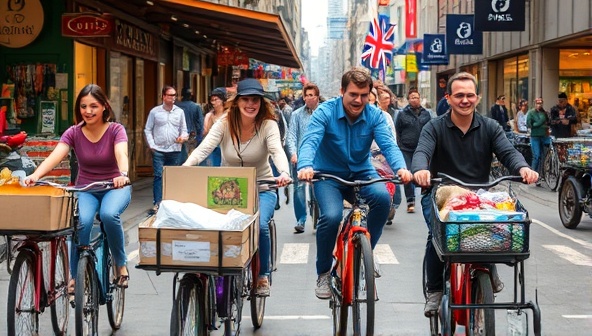 A diverse group of individuals riding cargo bikes loaded with groceries, packages, and children through a bustling city market, showcasing the convenience and eco-friendly nature of cargo bike transportation.