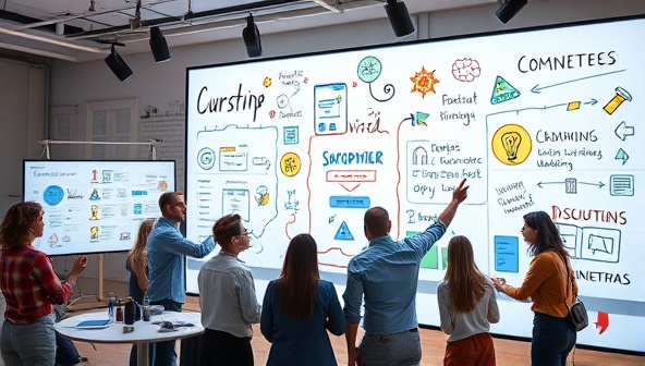 An engaging visual representation of a virtual creativity workshop at IdeaForge Labs, featuring diverse teams collaborating on digital whiteboards, sharing innovative ideas, and brainstorming solutions in a dynamic and creative environment, highlighting the transformative impact of the workshops on business innovation and team effectiveness.