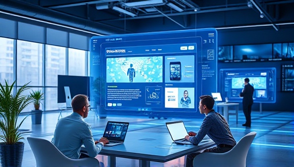 A futuristic digital workspace with a holographic AI interface creating stunning website mockups in real-time, surrounded by a team of diverse professionals collaborating on design concepts, symbolizing innovation and creativity.