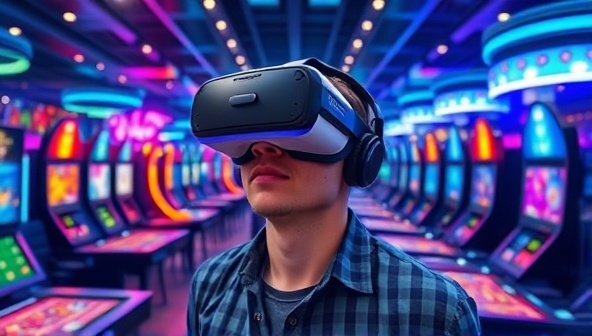 An immersive virtual reality scene showing a player wearing a VR headset, surrounded by digital casino tables and vibrant gaming elements, capturing the excitement and futuristic appeal of the VR Casino Quest.