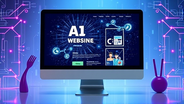 An artistic rendering of a computer screen displaying a mesmerizing AI-generated website design, surrounded by digital graphics symbolizing creativity and innovation in web development.