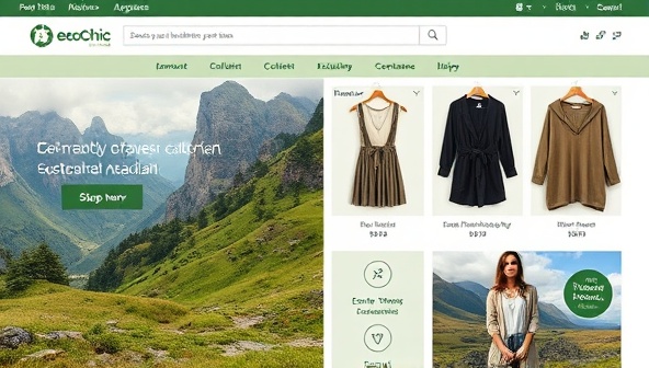 An online marketplace interface showcasing a collection of stylish and eco-friendly clothing items made from sustainable materials, accompanied by images of natural landscapes and eco-conscious fashion statements, embodying the essence of EcoChic Threads' sustainable fashion marketplace.