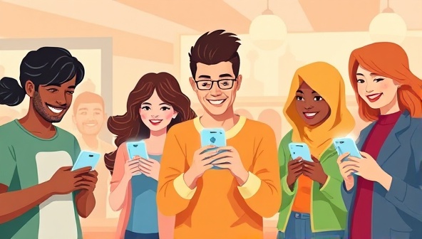 An illustration of a diverse group of customers engaging with a gamified loyalty platform on their smartphones, earning rewards and badges in a fun and interactive way, creating a sense of excitement and loyalty.