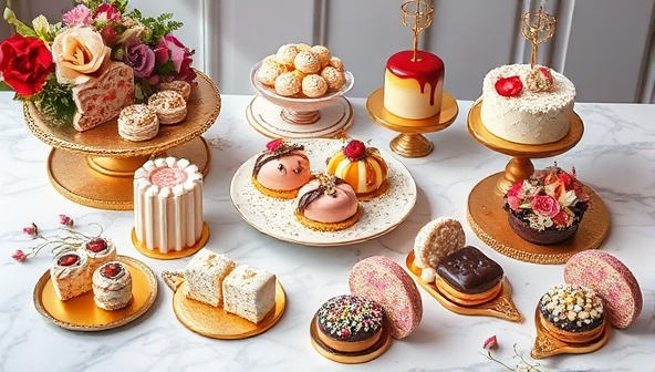 An elegant and decadent dessert spread featuring a variety of colorful and intricately designed artisanal treats arranged on a marble tabletop, surrounded by fresh flowers and gold accents, evoking a sense of luxury and indulgence.