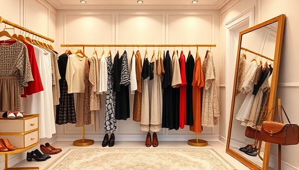 An elegant virtual fitting room setup with a variety of clothing racks, accessories, and a mirror reflecting stylish outfit choices, conveying the essence of personal style transformation and fashion exploration in a virtual styling consultation, inspiring clients to redefine their fashion identity.