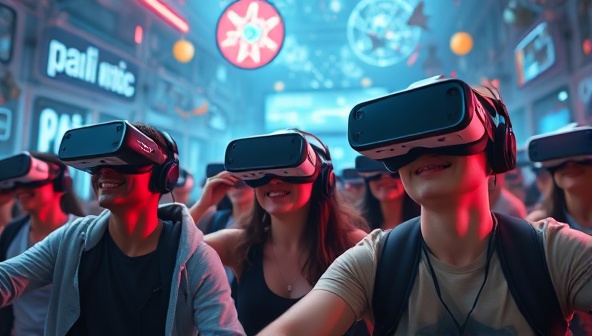 An exciting virtual reality scene with players wearing VR headsets, surrounded by futuristic digital puzzles and mysterious objects, creating an immersive and thrilling gaming environment.