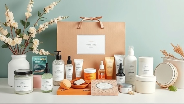An aesthetically pleasing beauty wellness kit display featuring an array of curated beauty products, wellness items, and self-care tools arranged in a serene setting with natural elements and calming colors, evoking a sense of peace and well-being.