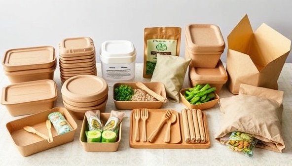 A collection of eco-friendly food packaging items, including compostable containers, wooden utensils, and plant-based wraps arranged neatly on a table, showcasing the sustainable and biodegradable nature of the products.