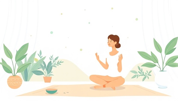 A serene virtual coaching environment illustration showing a coach guiding a client through energy healing exercises and mindfulness practices online, surrounded by calming nature visuals and symbols of balance and rejuvenation, promoting virtual wellness and holistic energy coaching services.