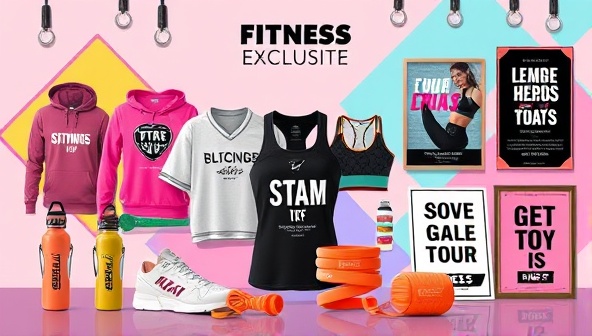 A vibrant digital artwork showcasing a lineup of trendy fitness merchandise items, including apparel, water bottles, resistance bands, and motivational posters, styled with influencer endorsements and personalized touches, creating a sense of exclusivity and style for fitness enthusiasts.