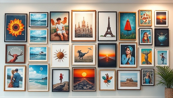 An artistic display of a gallery wall adorned with a diverse collection of digital art prints sourced from ArtifyMe, showcasing the versatility, creativity, and personalization options available through the online marketplace, inviting viewers to explore the world of custom digital art creations on ArtifyMe.