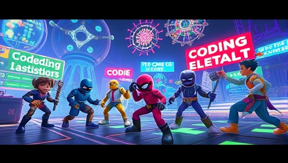An exciting visual of a virtual coding world where characters representing different coding languages engage in challenges and quests, with vibrant colors and futuristic elements highlighting the immersive and gamified nature of CodeQuest.