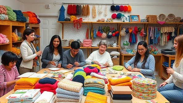 A vibrant workshop setting filled with colorful yarn, crafting tools, and handmade items, with people of diverse ages and backgrounds joyfully engaging in various craft activities, showcasing the hub's vibrant and inclusive atmosphere.