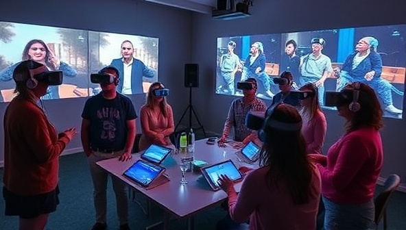 An engaging workshop setting with participants wearing VR headsets, interacting with digital storytelling elements projected around the room, creating a futuristic and immersive storytelling environment.