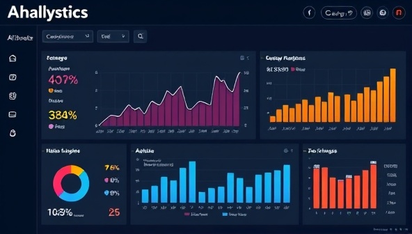 An AI-powered dashboard displaying real-time social media analytics metrics and visualizations, with graphs and charts showing engagement rates, audience demographics, and content performance, illustrating the power of data-driven marketing.
