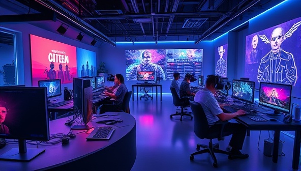 An immersive virtual game development studio environment with digital workstations, creative tools, and collaborative spaces where virtual avatars are designing and testing virtual reality games, capturing the dynamic and innovative spirit of virtual game development.