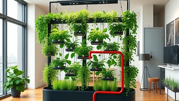 An artistic rendering of a modern urban apartment with a sleek, vertical farm structure filled with lush greenery and herbs, blending seamlessly with the interior decor, symbolizing sustainability and urban agriculture.
