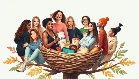 An artistic representation of a diverse group of micro-influencers representing various niche categories, gathered around a symbolic nest filled with niche-specific products and brand collaborations, illustrating the unique and targeted approach of NicheNest in influencer marketing.